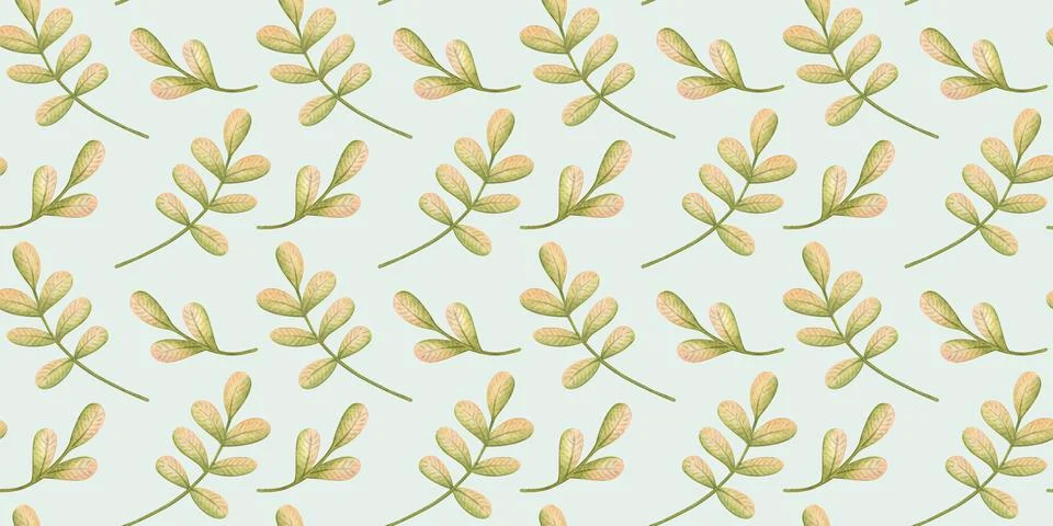 Green leaves seamless pattern blue background Stock Illustration