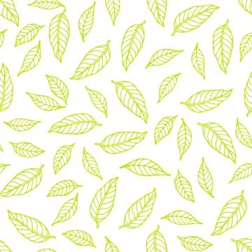 Green leaves seamless pattern. linear contour on white background. Hand drawn Stockillustratie