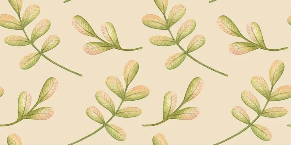 Green leaves seamless pattern yellow background Stock Illustration