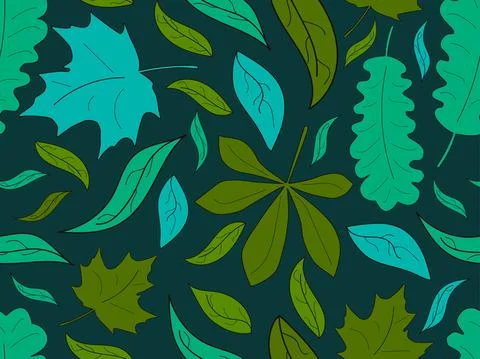 Green leaves with stroke seamless pattern. Autumn falling leaves, leaf fall.  Stock Illustration