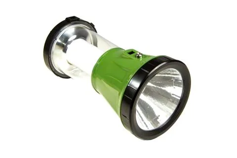 Green LED flashlight with a handle on the isolated background Stock Photos