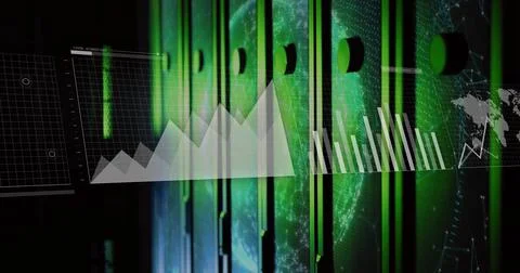 Green LED-lit server racks showing translucent line or bar charts, world map Stock-Fotos