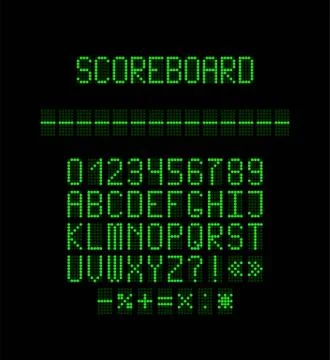 Green led scoreboard font. Vector realistic letters and numbers made of green Stock Illustration