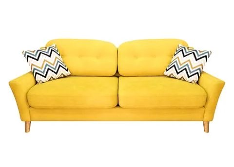 Green lemon yellow sofa with pillow. Soft lemon couch. Modern divan on isolated Stock Photos