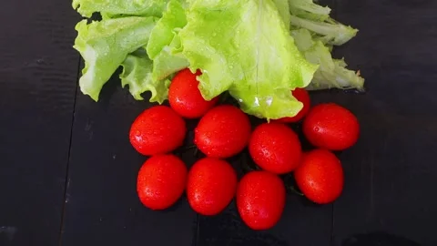 Green lettuce and small red tomatoes Stock Footage 236542324