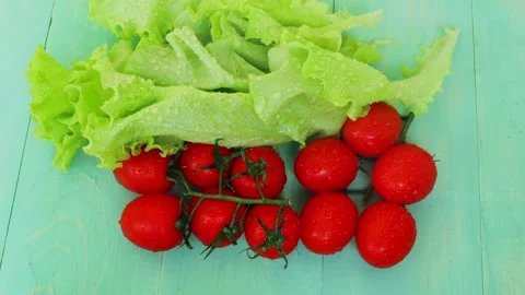 Green lettuce and small red tomatoes. Water drops Stock Footage 236978449