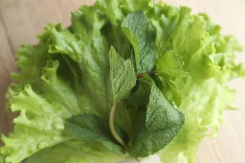 Green letuce leaf on table healthy vegetarian food Stock Photos