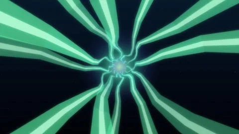 Green light beams extend outward in a digital vortex scene Stock Footage 336995386