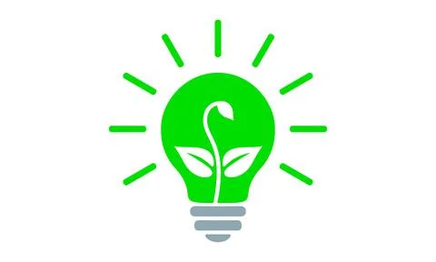 Green light bulb, flat icon. Electric lamp with rays and sprout growing insid Stockillustratie