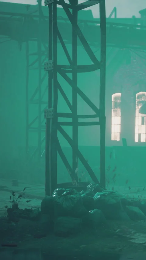Green light filters through a building structure with debris on the floor Stock Footage 342659150