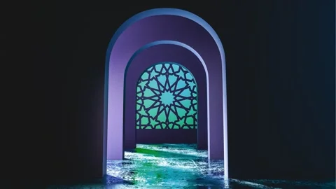 Green light flowing under purple arches with islamic design Stock Footage 309936192