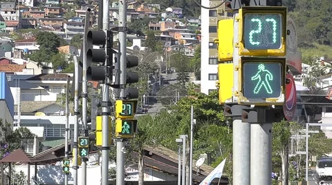 Green light for people while waiting red cars long shot Stock Footage 68103591