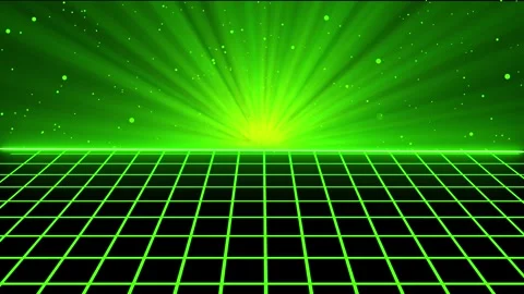 Green light rays particles on retro futuristic grid horizon 4k ultra hd. Re.. Stock Footage 317977742