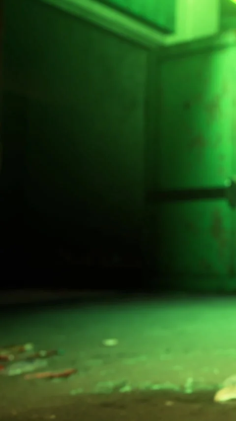 Green light shines in empty room with trash on the floor during nighttime Stock Footage 340265277