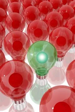 Green lightbulb surrounded by red light bulbs Stock Illustration