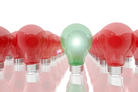 Green lightbulb surrounded by red light bulbs Stock Illustration