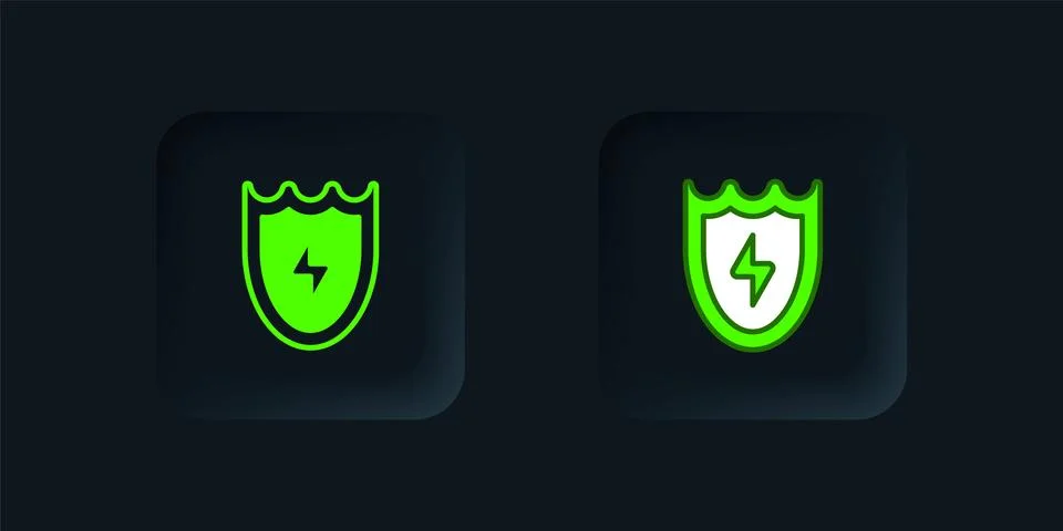 Green Lightning and shield icon isolated on black background. High voltage .. Stock Illustration