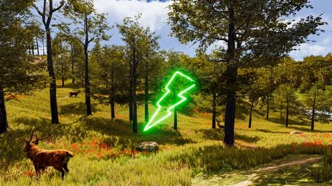 A green lightning bolt with a neon effect in a digital environment 3d render Stock Illustration