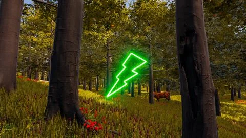 A green lightning bolt with a neon effect in a digital environment 3d render Stock Illustration