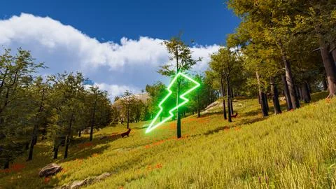 A green lightning bolt with a neon effect in a digital environment 3d render Stock Illustration