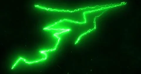 Green lightning bolts electrical current moving wildly across a black background Stock Illustration