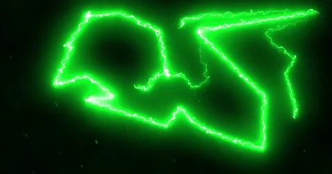 Green lightning bolts electrical current moving wildly across a black background Stock Illustration