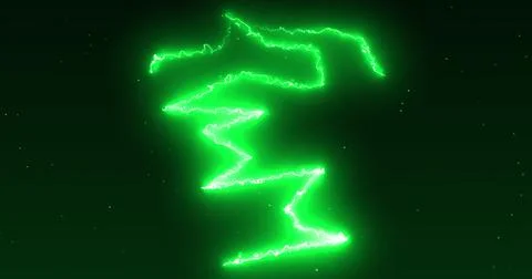 Green lightning bolts electrical current moving wildly across a black background Stock Illustration