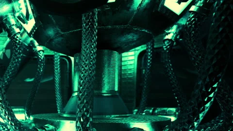 Green lights shine on a machine with metal and cables in a sci fi setting Stock Footage 343513055
