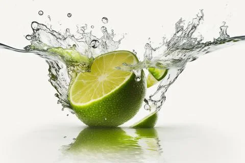 Green lime falling into deep clear water Stock Photos