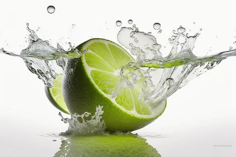 Green lime falling into deep clear water Stock Photos