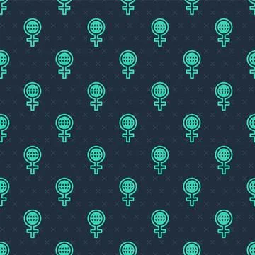 Green line 8 March icon isolated seamless pattern on blue background. Inter.. Illustrazione stock