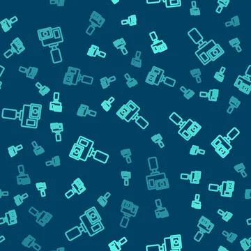 Green line Action extreme camera icon isolated seamless pattern on blue Illustrazione stock