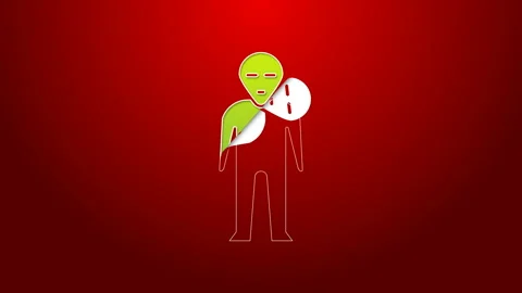 Green line Alien icon isolated on red background. Extraterrestrial alien face or Stock Footage 143884911