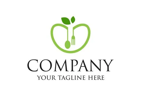 Green Line Art Circle Leaf Spoon and Fork Logo Design	 Stock Illustration
