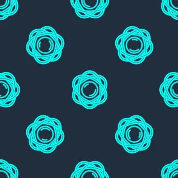 Green line Atom icon isolated seamless pattern on blue background. Symbol of 스톡 일러스트