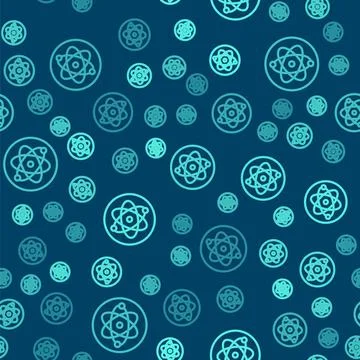 Green line Atom icon isolated seamless pattern on blue background. Symbol of Stock Illustration