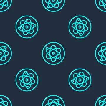Green line Atom icon isolated seamless pattern on blue background. Symbol of Stock Illustration