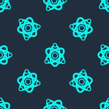 Green line Atom icon isolated seamless pattern on blue background. Symbol of Illustrazione stock