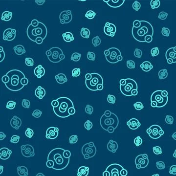 Green line Atom icon isolated seamless pattern on blue background. Symbol of Illustrazione stock