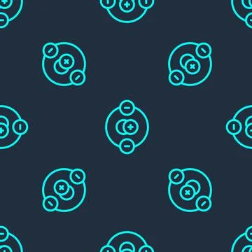 Green line Atom icon isolated seamless pattern on blue background. Symbol of イラスト素材