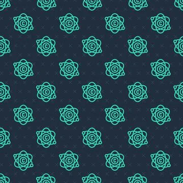 Green line Atom icon isolated seamless pattern on blue background. Symbol of Stock Illustration