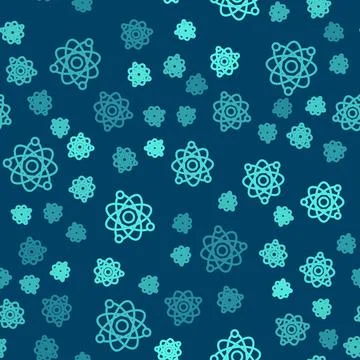 Green line Atom icon isolated seamless pattern on blue background. Symbol of イラスト素材