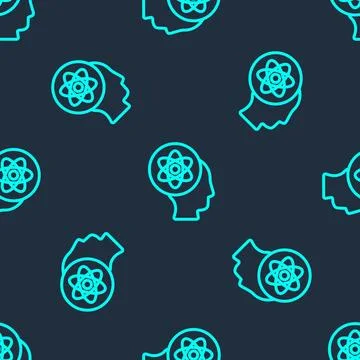 Green line Atom icon isolated seamless pattern on blue background. Symbol of Illustrazione stock