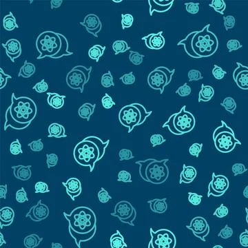 Green line Atom icon isolated seamless pattern on blue background. Symbol o.. Stockillustratie