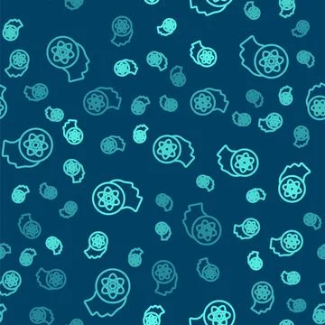 Green line Atom icon isolated seamless pattern on blue background. Symbol o.. イラスト素材