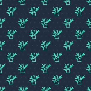 Green line Bare tree icon isolated seamless pattern on blue background.  Vect Stock Illustration