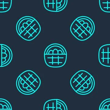 Green line Basket with easter eggs icon isolated seamless pattern on blue b.. Stock Illustration