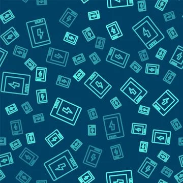 Green line Battery for camera icon isolated seamless pattern on blue background Stock Illustration