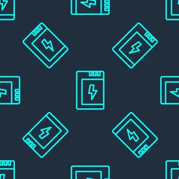 Green line Battery for camera icon isolated seamless pattern on blue background Illustrazione stock