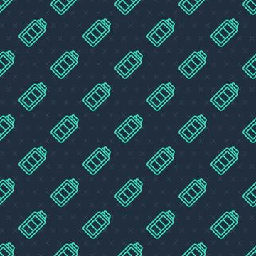 Green line Battery charge level indicator icon isolated seamless pattern on blue Stock Illustration